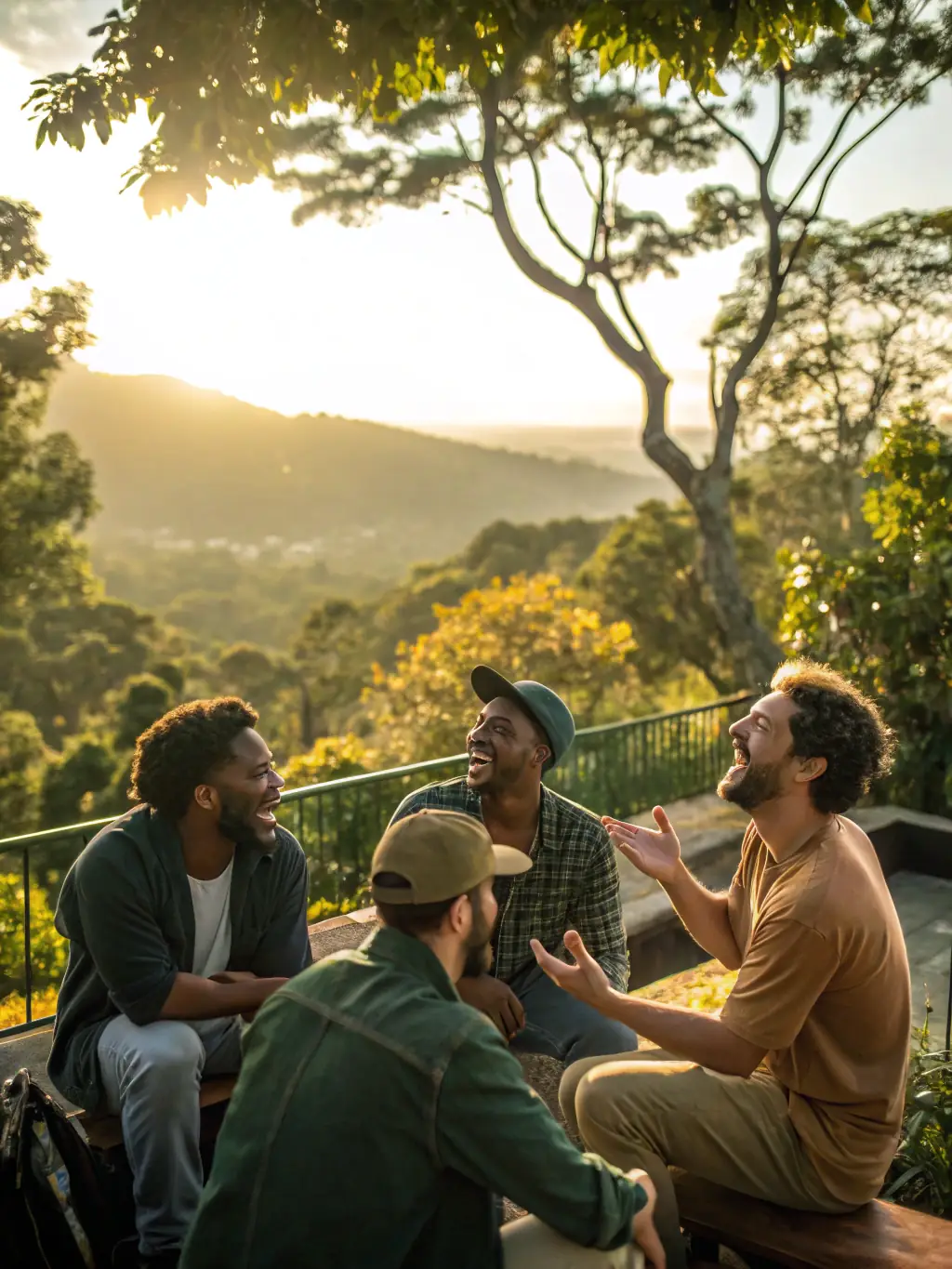 A group of men participating in a team-building exercise outdoors, smiling and collaborating.