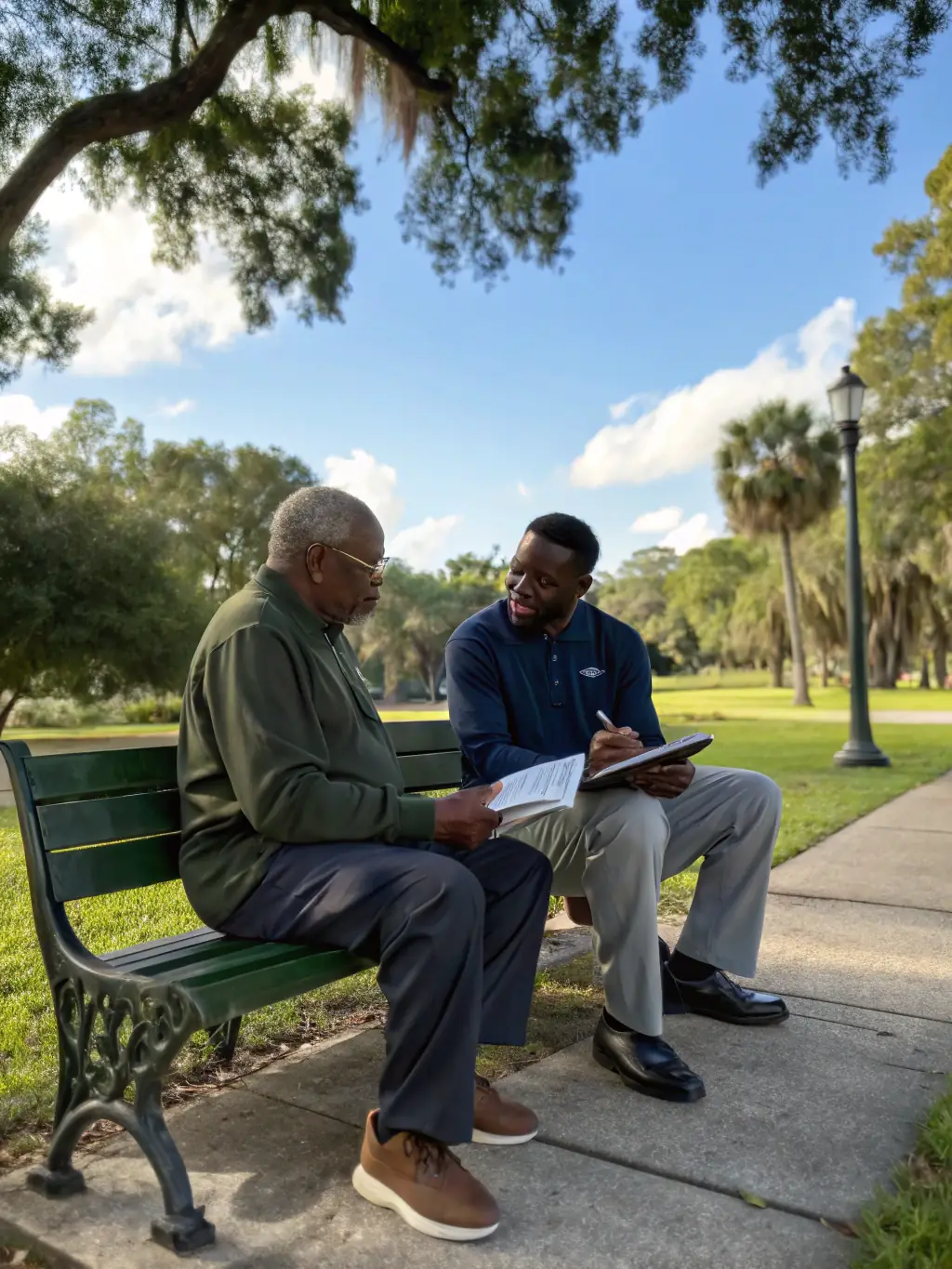 A mentor and mentee having a conversation in a relaxed setting, sharing ideas and experiences.